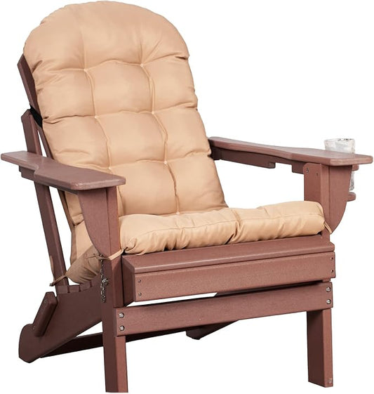 Oversized Adirondack Chair with Cushion & Cup Holder, HDPE Weather Resistant Folding Adirondack Chair for Adults, Outdoor Fire Pit Chairs for Patio/Porch/Swimming Pool/Garden (1, Brown)
