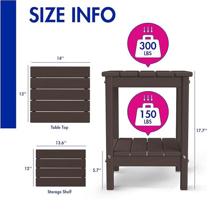 BRIOPAWS Outdoor-Side-Table | Small | Brownwood Grain | HDPE Plastic | Patio End-Table | 2-Shelf Adirondack Outside Tables | All Weather | for Poolside Front Porch Indoor Living Room | 14" x 13"