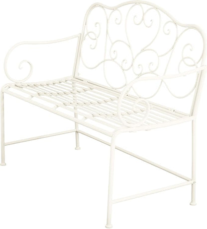 Merax 41 Inch Outdoor Garden Bench, Iron Metal Frame Patio Park Bench with Curled Decorative Pattern Backrest, Outside Bench for Front Porch Path Yard Lawn Backyard for 2 Person Seat, White