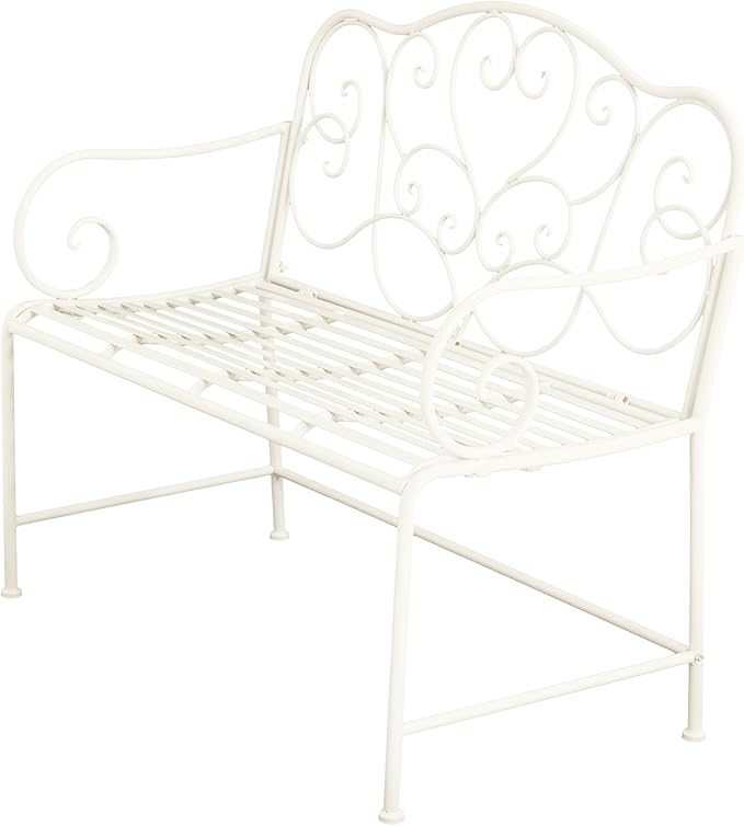 roomfitters Vintage Metal Garden Bench, Elegant Scrollwork Design, Weather-Resistant Outdoor Loveseat, Antique White