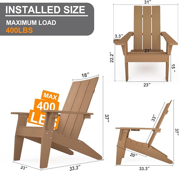 MXIMU Modern Adirondack Chairs Set of 4 Weather Resistant with Cup Holder Oversize Plastic Fire Pit Chairs Plastic Outdoor Chairs for Firepit Area Seating (Teak)