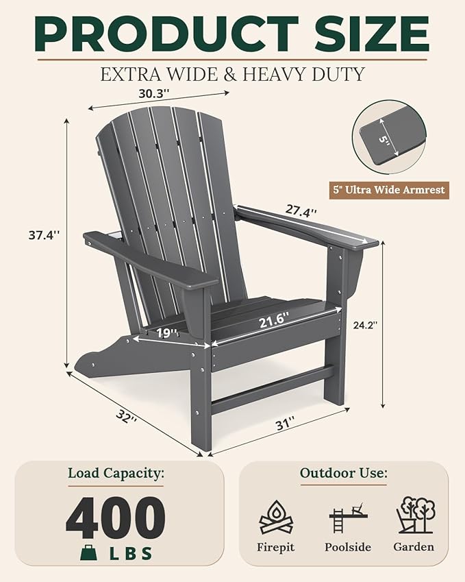 BRIOPAWS Adirondack-Chairs-Set of 2 | Oversized | Fire Pit Chair | HDPE Plastic | All Weather | for Deck Outdoor Poolside Campfire | Grey