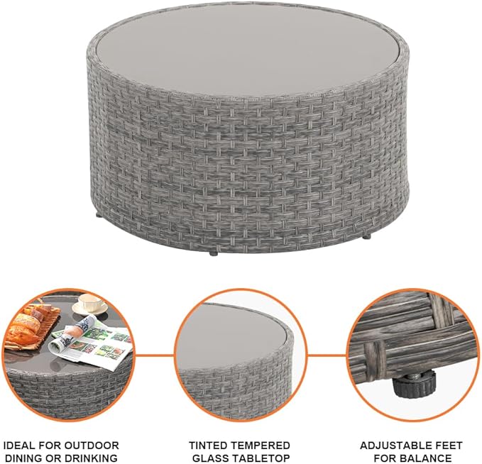 SUNSITT Round Outdoor Coffee Table with Tempered Glass Top, Rattan PE Resin Wicker Patio Side Table, Grey
