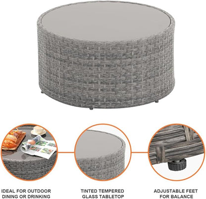 SUNSITT Round Outdoor Coffee Table with Tempered Glass Top, Rattan PE Resin Wicker Patio Side Table, Grey