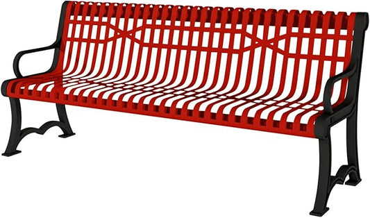 COATEDOUTDOORFURNITURE Coated Outdoor Furniture Heavy-Duty Outdoor Bench Thermoplastic Coated, Slatted Steel, Commercial-Grade Garden Bench, Made in America (Portable with Back, 4 Ft, Red)
