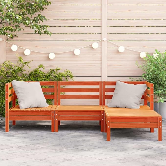 Modular Garden Sofa Set, 3-Seater Outdoor Patio Furniture with Footstool, Solid Pine Wood Wax Brown Finish, Large Weather-Resistant Sectional Couch for Backyard Terrace
