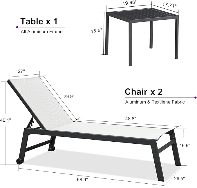 PURPLE LEAF Outdoor Chaise Lounge Set for 2 Oversized Pool Lounge Chairs with Easy-to-Move Wheels and Adjustable - Photo 2
