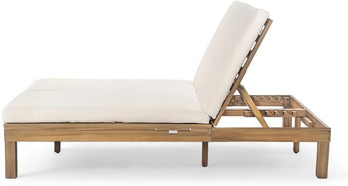 SOFTSEA Patio Double Chaise Lounge with 5-Position Adjustable Backrest, Outdoor Chaise Lounge with Cushions for 2 People, Wooden Outdoor Daybed with Folding Side Trays for Pool Backyard, Light Teak