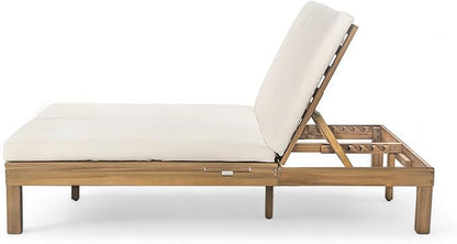 SOFTSEA Patio Double Chaise Lounge with 5-Position Adjustable Backrest, Outdoor Chaise Lounge with Cushions for 2 People, Wooden Outdoor Daybed with Folding Side Trays for Pool Backyard, Light Teak