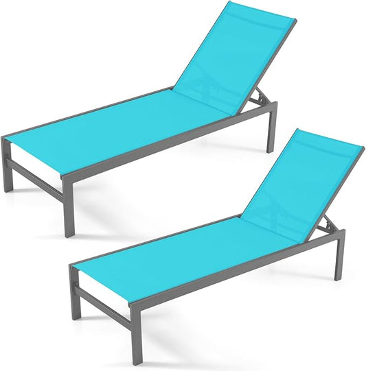 Giantex Patio Chaise Lounge Chair, Outdoor Sunbathing Chair Lawn Reclining Lounger with 6 Adjustable Position, Aluminium Frame, Outside Tanning Chairs for Deck,Yard, Pool Lounge Chairs (2, Turquoise)