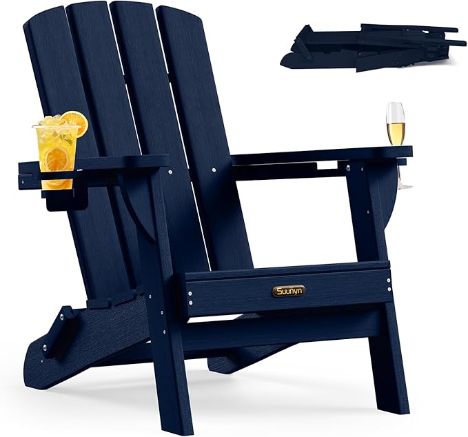 Folding Adirondack Chair 6 Pack, HDPE All-Weather Fire Pit Chairs, Plastic Adirondack Chairs with 2 Cup Holder, Outdoor Lawn Chair for Patio Garden (Navy Blue)