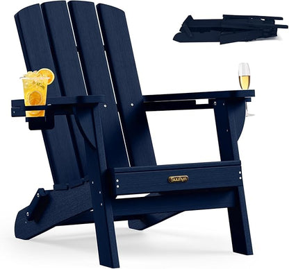 Folding Adirondack Chair 6 Pack, HDPE All-Weather Fire Pit Chairs, Plastic Adirondack Chairs with 2 Cup Holder, Outdoor Lawn Chair for Patio Garden (Navy Blue)