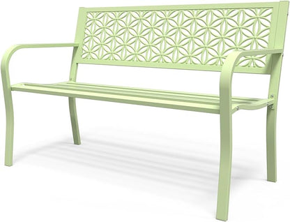 VINGLI 50" Outdoor Bench Metal with Floral Back, Garden Bench Front Porch Bench for Yard Patio Entryway Park Outside, 800lb Capacity - Green