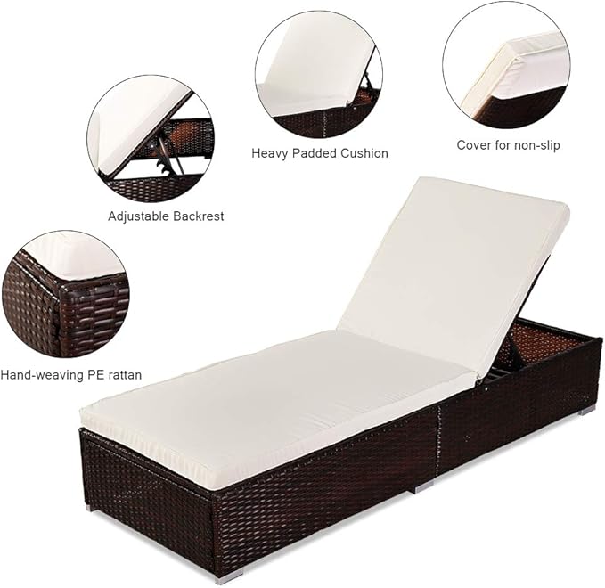 VINGLI Adjustable Backrest Outdoor Patio Wicker Rattan Lounge Chairs,Beach Poolside Chair,Chaise Lounge,Water Repellent Cushions,Beige & Cream White (Brown.)