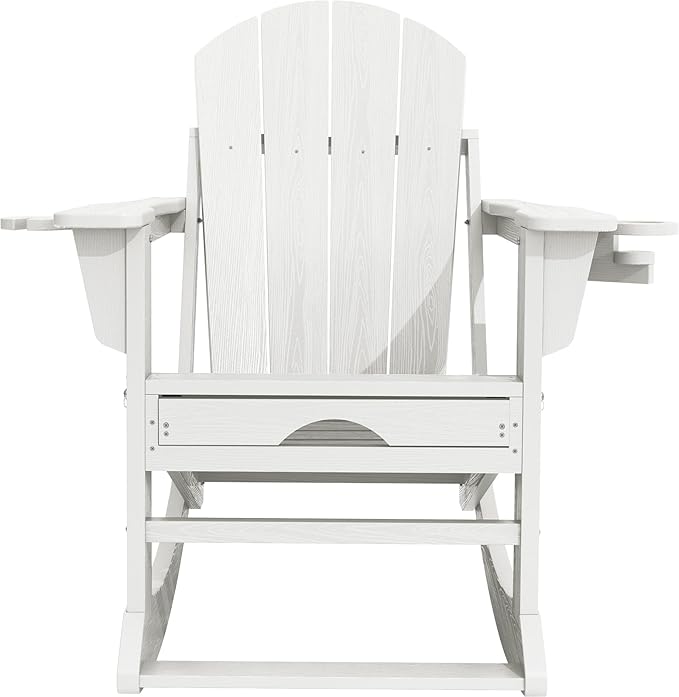 KINGYES Adirondack Rocking Chair with Retractable Ottoman and Cup Holders, HDPE Adirondack Rocker Patio Rocking Chair for Porch, Patio, Balcony, White