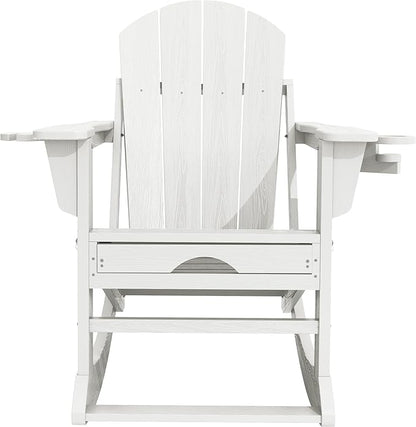 KINGYES Adirondack Rocking Chair with Retractable Ottoman and Cup Holders, HDPE Adirondack Rocker Patio Rocking Chair for Porch, Patio, Balcony, White