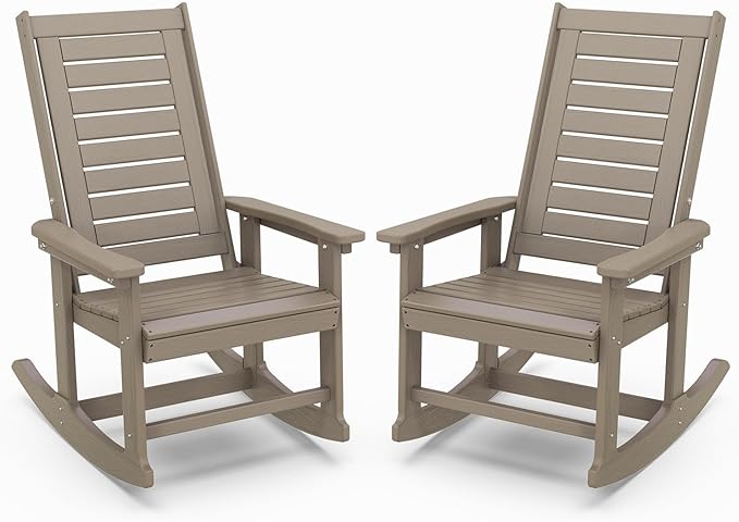IVY&LANE Outdoor Rocking Chairs Set of 2 | Porch-Rockers | Desert Brown Wood Grain | HDPE Plastic | All-Weather | High Back | Wide Seat | Oversized Patio Rocker for Adult | for Outside Deck Balcony