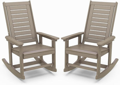 IVY&LANE Outdoor Rocking Chairs Set of 2 | Porch-Rockers | Desert Brown Wood Grain | HDPE Plastic | All-Weather | High Back | Wide Seat | Oversized Patio Rocker for Adult | for Outside Deck Balcony