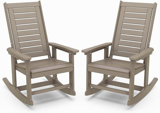 IVY&LANE Outdoor Rocking Chairs Set of 2 | Porch-Rockers | Desert Brown Wood Grain | HDPE Plastic | All-Weather | High Back | Wide Seat | Oversized Patio Rocker for Adult | for Outside Deck Balcony