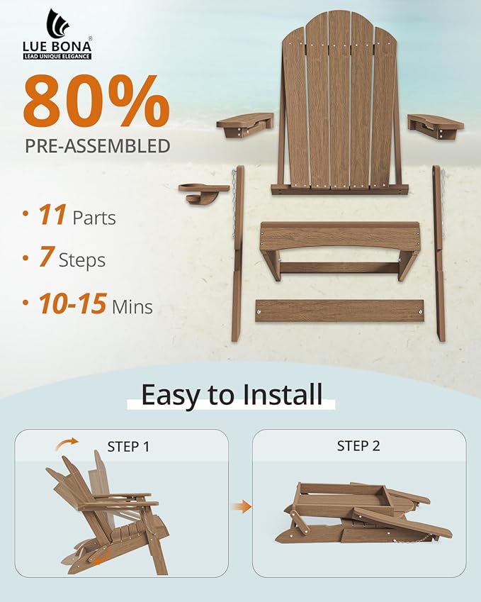 LUE BONA Folding Adirondack Chair, Chairs Set of 6, Cup Holder, Woodgrain, Fire Pit, Patio, Pool, Brown - Photo 3