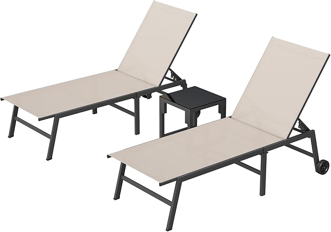 UDPATIO Outdoor Chaise Lounge with Wheels 2 Pieces Patio Lounge Chair with Side Table 5 Adjustable Position Recliner for Patio, Beach, Yard, Pool