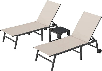 UDPATIO Outdoor Chaise Lounge with Wheels 2 Pieces Patio Lounge Chair with Side Table 5 Adjustable Position Recliner for Patio, Beach, Yard, Pool