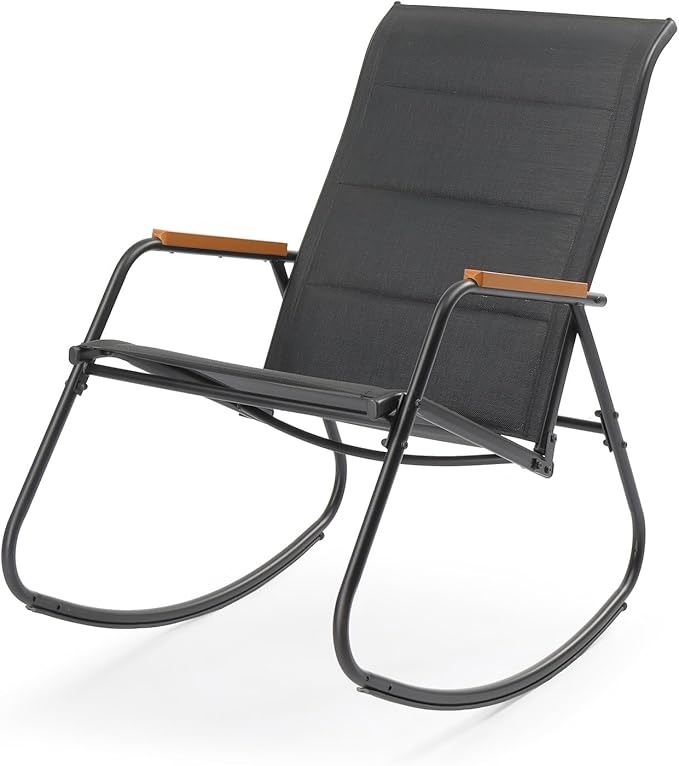VINGLI Outdoor Rocking Chair, 450lbs Capacity Portable Outdoor Rocker with Hard Armrests, All Weather Porch Rocker for Garden, Living Room, Patio, Lawn (Black, Without footrest)