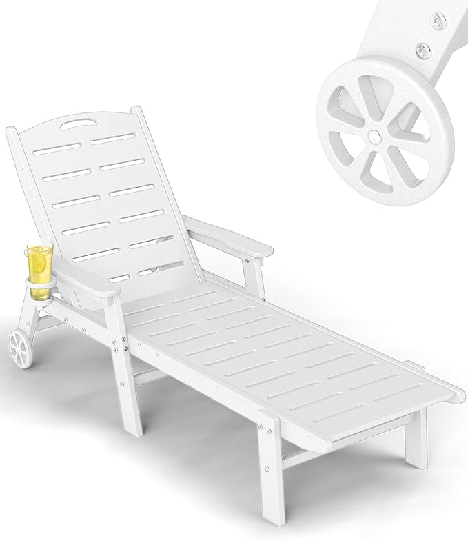 FOOWIN Chaise Lounge Chair，HDPE Lounge Chair Outdoor with 5 Positions,Oversized Pool Lounge Chairs with Rolling Wheels & Cup Holder for Poolside Deck Backyard,White