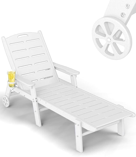 FOOWIN Chaise Lounge Chair，HDPE Lounge Chair Outdoor with 5 Positions,Oversized Pool Lounge Chairs with Rolling Wheels & Cup Holder for Poolside Deck Backyard,White