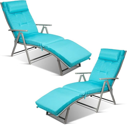Tangkula 2 PCS Outdoor Folding Chaise Lounge Chair, Lightweight Recliner Chair w/ 7 Adjustable Backrest Positions, Patio Reclining Beach w/Removable Cushion & Pillow for Patio Poolside (Turquoise)