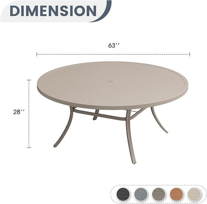 VICLLAX 63" Outdoor Patio Dining Table for 8-10, Metal Round Table with Umbrella Hole for Deck Lawn Garden Backyard, Sandshell