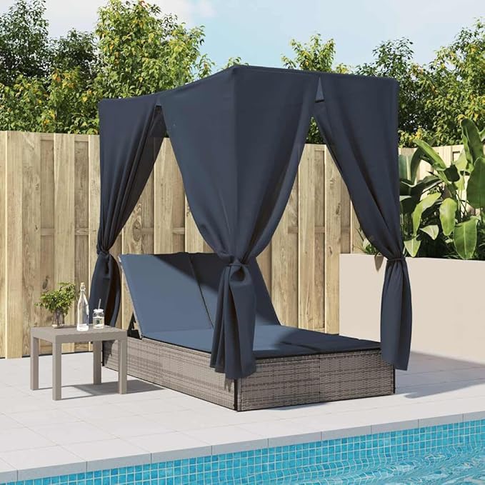 Double Chaise Lounge 78.7"x44.9"x77.2" Gray PE Rattan Adjustable Backrest UV Roof Curtains Navy Cushion Pool Garden