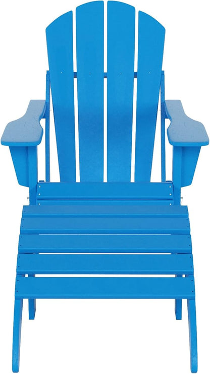 WestinTrends Malibu Outdoor Lounge Chair, 2-Pieces Adirondack Chair Set with Ottoman, All Weather Poly Lumber Patio Lawn Folding Chairs for Outside Pool Garden Backyard Beach, Pacific Blue