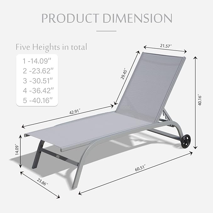 Domi Chaise Lounge Outdoor Set of 2, Lounge Chairs for Outside with Wheels, Outdoor Chaise Lounge with 5 Adjustable Position, Pool Lounge Chairs for Patio, Beach, Yard, Deck, Poolside, Grey
