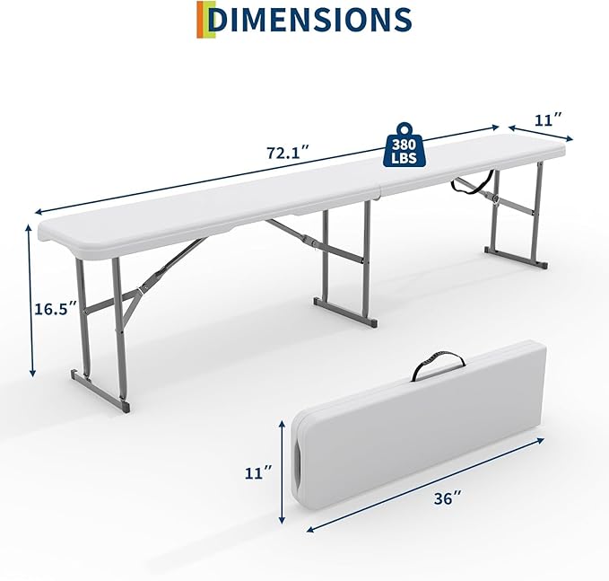 6ft Plastic Folding Bench with Carrying Handle & Lock, Portable Outdoor Bench in Garden Picnic Camping Dining Party Seat, Waterproof Bench for Soccer Activities