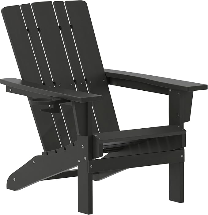 Taylor & Logan Hedley Adirondack Chair with Cup Holder, Weather Resistant HDPE Adirondack Chair in Black