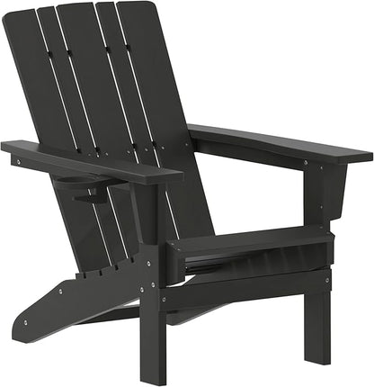 Flash Furniture Halifax Adirondack Chair with Cup Holder, Weather Resistant Poly Resin Adirondack Chair, Black