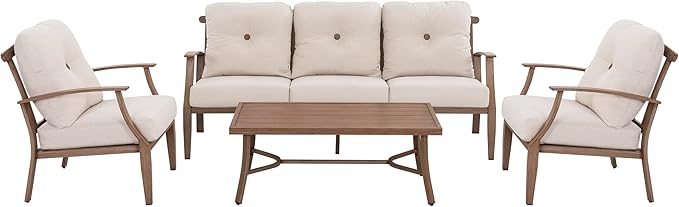 Outdoor Aluminum Conversation Sofa Set, 4-Piece Patio Sofa with Zippered Cushion and Coffee Table, for Porch Garden Backyard Balcony and Poolside, Beige