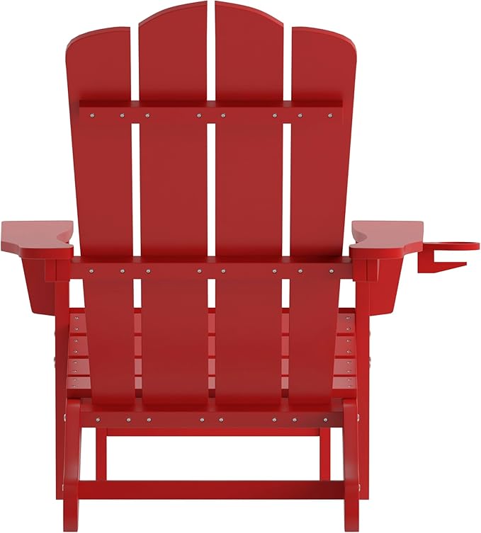 Flash Furniture Newport Poly Resin Adirondack Chair with Cup Holder and Pull Out Ottoman, All-Weather Poly Resin Indoor/Outdoor Lounge Chair, Red