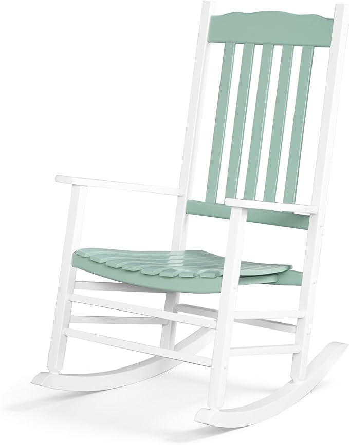 Outvita Outdoor Rocking Chair, Solid Wood High Back Rocker, All Weather Lounge Chair for Porch Patio Fire Pit Garden Backyard Deck Indoor, Wave Shape, White & Green