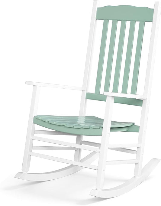 Outvita Outdoor Rocking Chair, Solid Wood High Back Rocker, All Weather Lounge Chair for Porch Patio Fire Pit Garden Backyard Deck Indoor, Wave Shape, White & Green