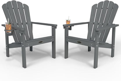 Stackable Adirondack Chair Set of 2, HDPE All-Weather Adirondack Chairs - Durable and Space Saving, Plastic Outdoor Fire Pit Chairs with Cup Holder,Grey