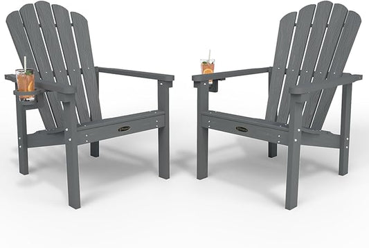 Stackable Adirondack Chair Set of 2, HDPE All-Weather Adirondack Chairs - Durable and Space Saving, Plastic Outdoor Fire Pit Chairs with Cup Holder,Grey