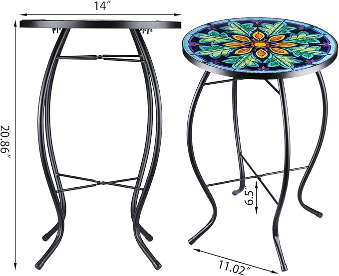 VCUTEKA Outdoor Side Table Mosaic End Table Patio Side Table Small End Table Glass Top Round Balcony Coffee Table Porch Indoor Glass Top