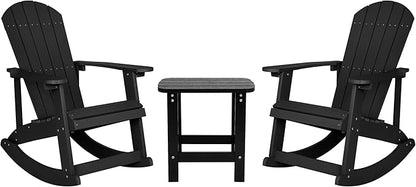 Flash Furniture Set of 2 Savannah Adirondack Rocking Chairs - Commercial Grade All-Weather Black Poly Resin Wood - Matching Side Table