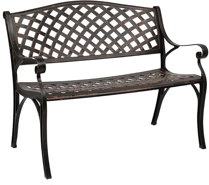 40.5" Outdoor Cast Aluminum Patio Bench, Antique Metal Outside Bench with Mesh Backrest Seat,Patio Furniture Chair Outdoor Bench,Slatted Seat for Park, Yard & Porch, Antique Black