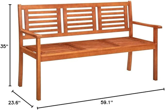 3-Seater Patio Bench,Porch Bench,Yard Bench,Garden Bench,with Cushion, for The Front Porch, Patio, Deck, Balcony,Backyard,Outdoor,Lawn,Park,Path, 59.1" Solid Eucalyptus Wood