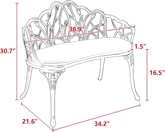 Patio Garden Bench Metal Cast Aluminum Outdoor Furniture with Floral Rose White Weather-Resistant Decor Porch & Yard