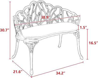 Patio Garden Bench Metal Cast Aluminum Outdoor Furniture with Floral Rose White Weather-Resistant Decor Porch & Yard