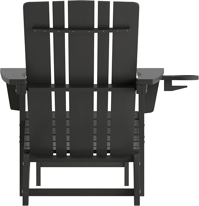 Flash Furniture Halifax Poly Resin Adirondack Chair with Cup Holder and Pull Out Ottoman, All-Weather Poly Resin Indoor/Outdoor Lounge Chair, Black